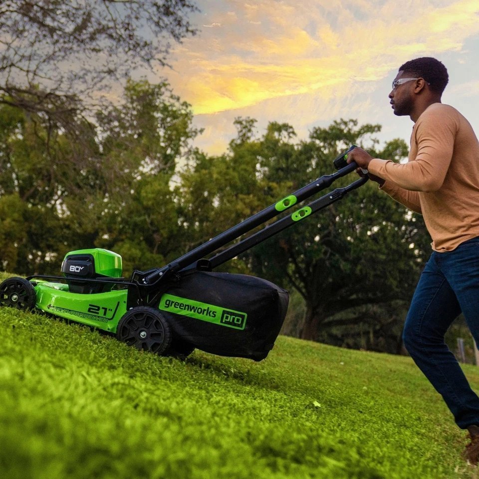 Greenworks 80V 21” Lawn Mower, 13” String Trimmer, and 730 Leaf Blower - image 3