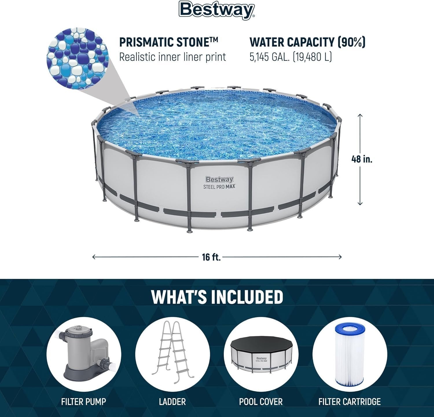 Bestway Steel Pro MAX 16 Foot x 48 Inch Round Metal Frame Above Ground Outdoor Swimming Pool Set - image 4