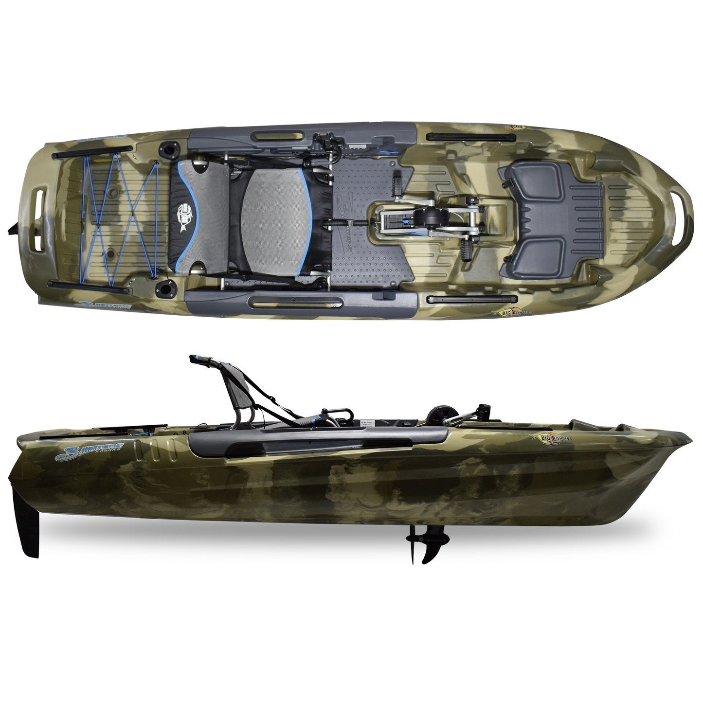 3 Waters Big Fish 108′ Length Urban Camo Pro Fish Pedal Drive Cathedral Hull - image 4