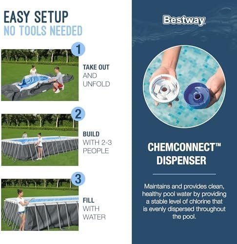 Bestway Power Steel 18′ x 9′ x 48″ Rectangular Metal Frame Above Ground Outdoor Swimming Pool Set with 1,500 GPH Filter Pump, Ladder, and Pool Cover - image 3